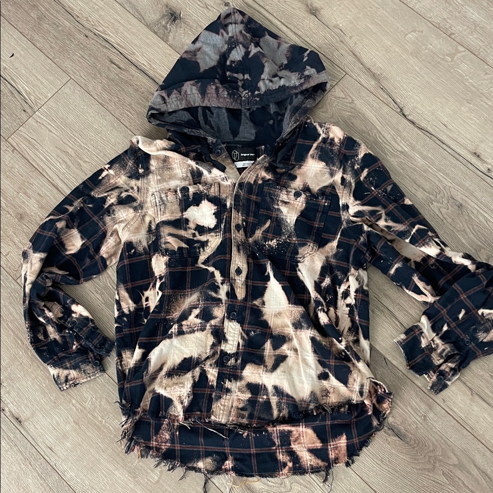 Original Use Blue and Beige Bleached Plaid Button-Down flannel Hoodie
